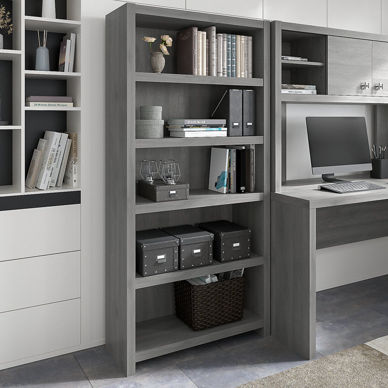 Modern Gray Adjustable 5-Shelf Wooden Bookcase