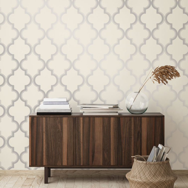 Cream and Metallic Silver Vinyl Peel and Stick Wallpaper Roll