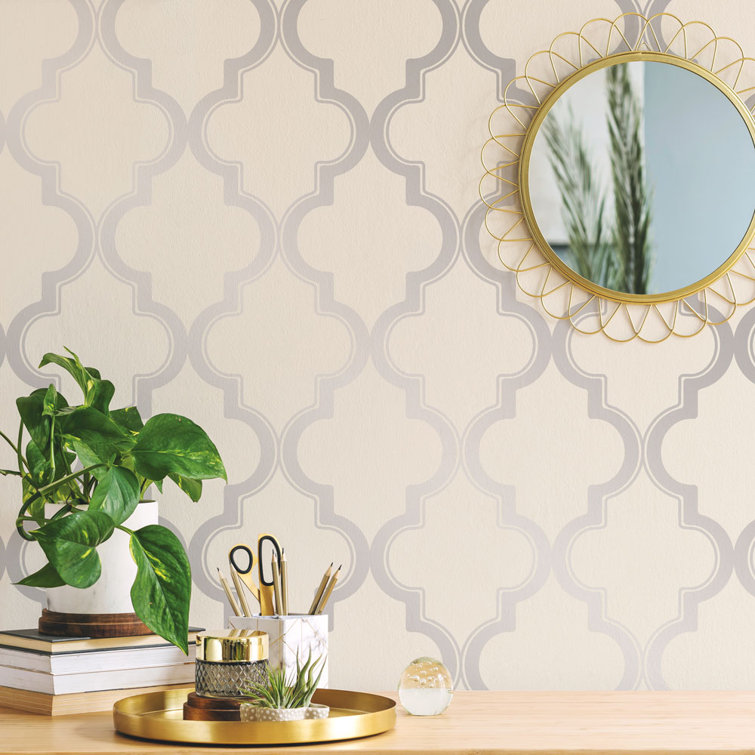 Cream and Metallic Silver Vinyl Peel and Stick Wallpaper Roll