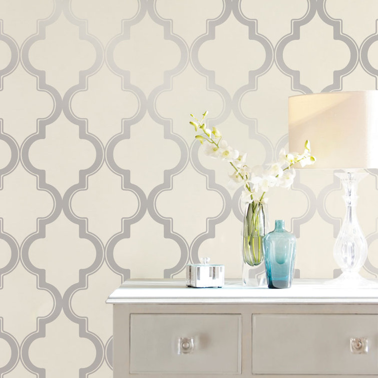 Cream and Metallic Silver Vinyl Peel and Stick Wallpaper Roll