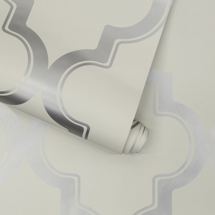 Cream and Metallic Silver Vinyl Peel and Stick Wallpaper Roll