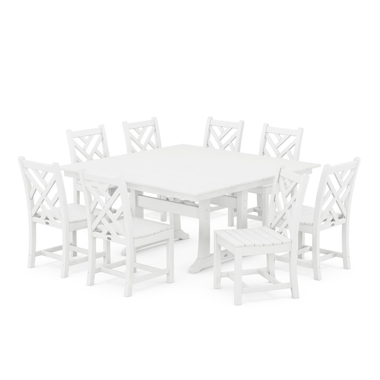 White 9-Piece Farmhouse Trestle Dining Set with Chippendale Chairs