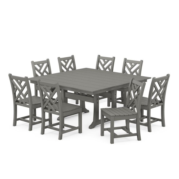 Gray Polywood 8-Person Outdoor Dining Set with Trestle Table