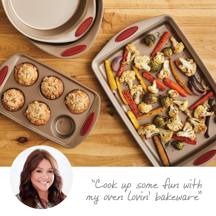 Latte Brown Nonstick Bakeware Set with Cranberry Red Grips, 4 Piece