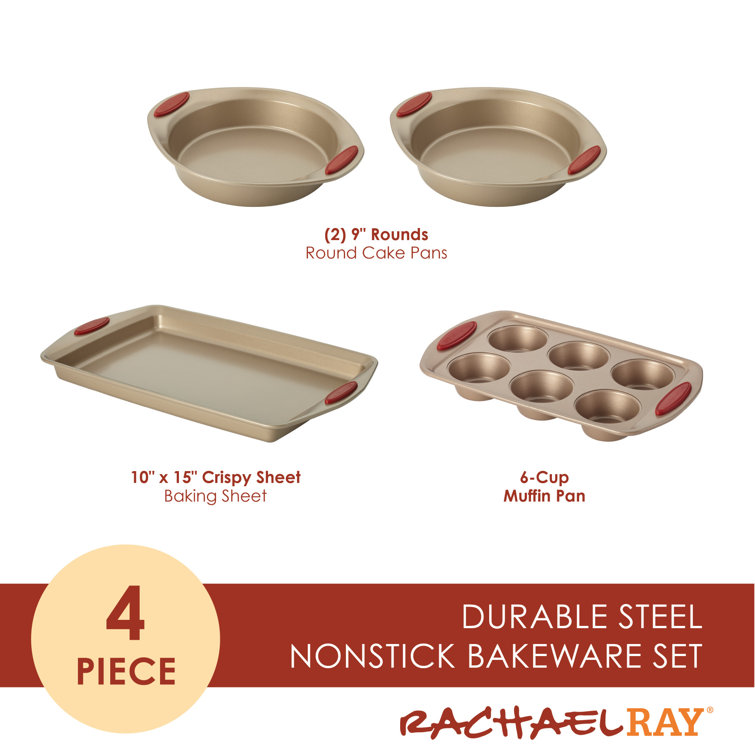 Latte Brown Nonstick Bakeware Set with Cranberry Red Grips, 4 Piece