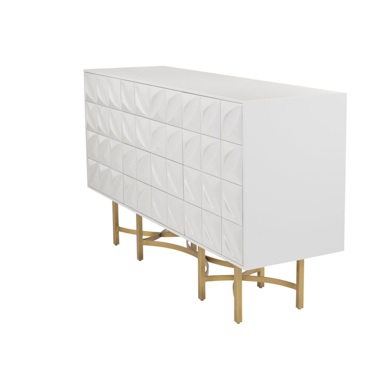Contemporary Ghost White 61'' Carved Petal Credenza with Bronze Stand