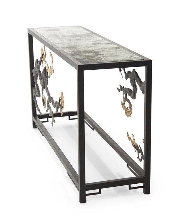 60'' Antique Brass and Glass Console Table with Storage