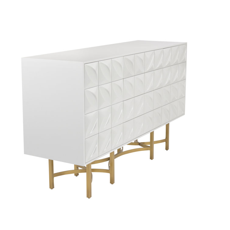 Contemporary Ghost White 61'' Carved Petal Credenza with Bronze Stand