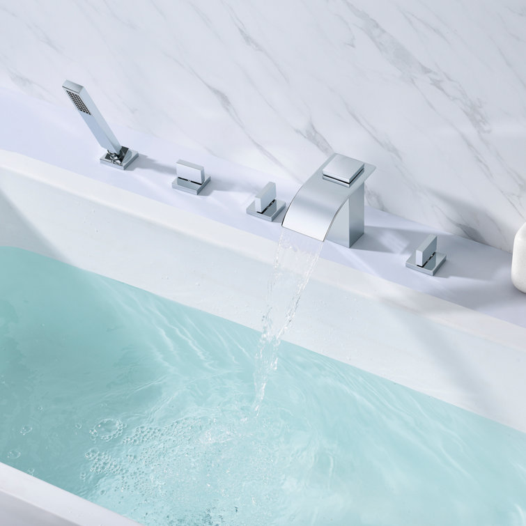 Chrome Waterfall Deck Mount Roman Tub Faucet with Handheld Shower