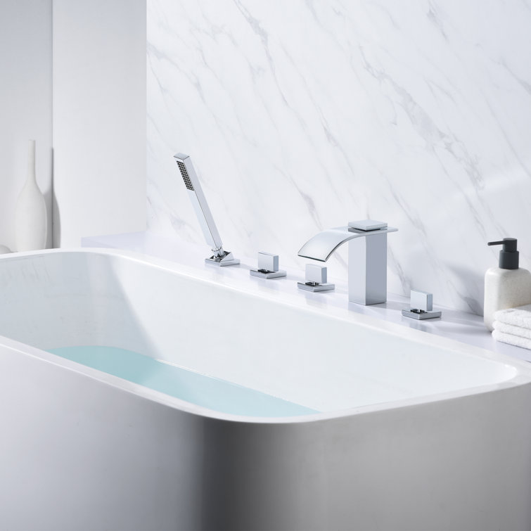 Chrome Waterfall Deck Mount Roman Tub Faucet with Handheld Shower
