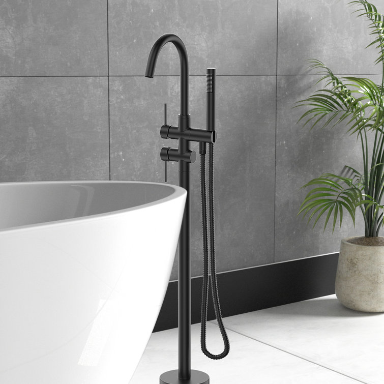 Matte Black Stainless Steel Freestanding Tub Filler with Hand Shower