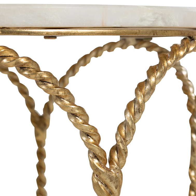 Basel Gilded Gold Round End Table with Feather Green Marble Top