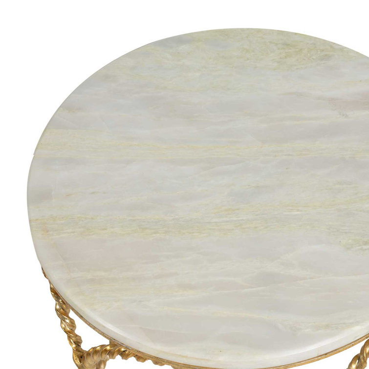 Basel Gilded Gold Round End Table with Feather Green Marble Top
