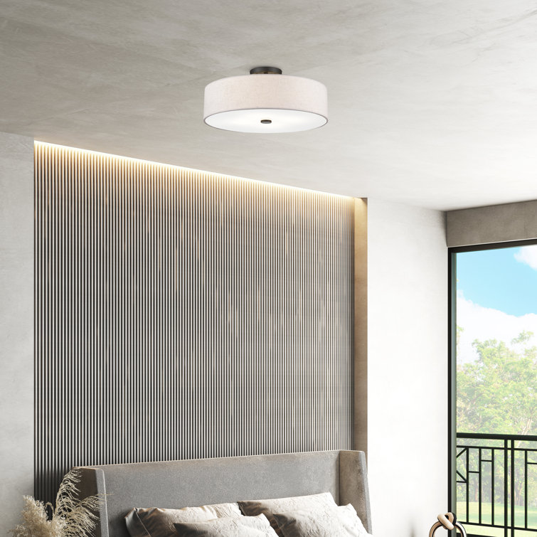 English Bronze Drum Semi Flush Mount with Oatmeal Shade