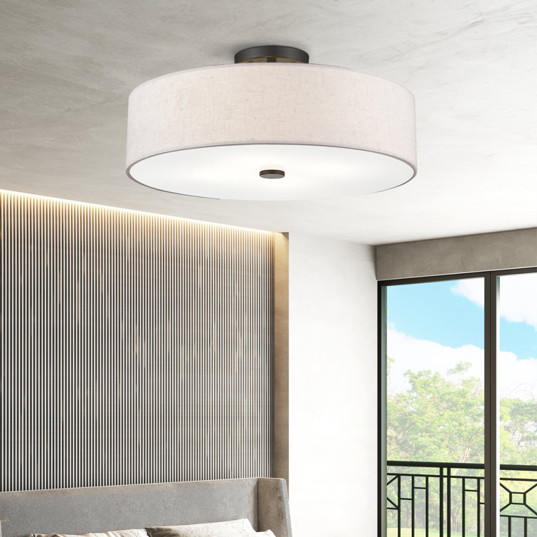 English Bronze Drum Semi Flush Mount with Oatmeal Shade