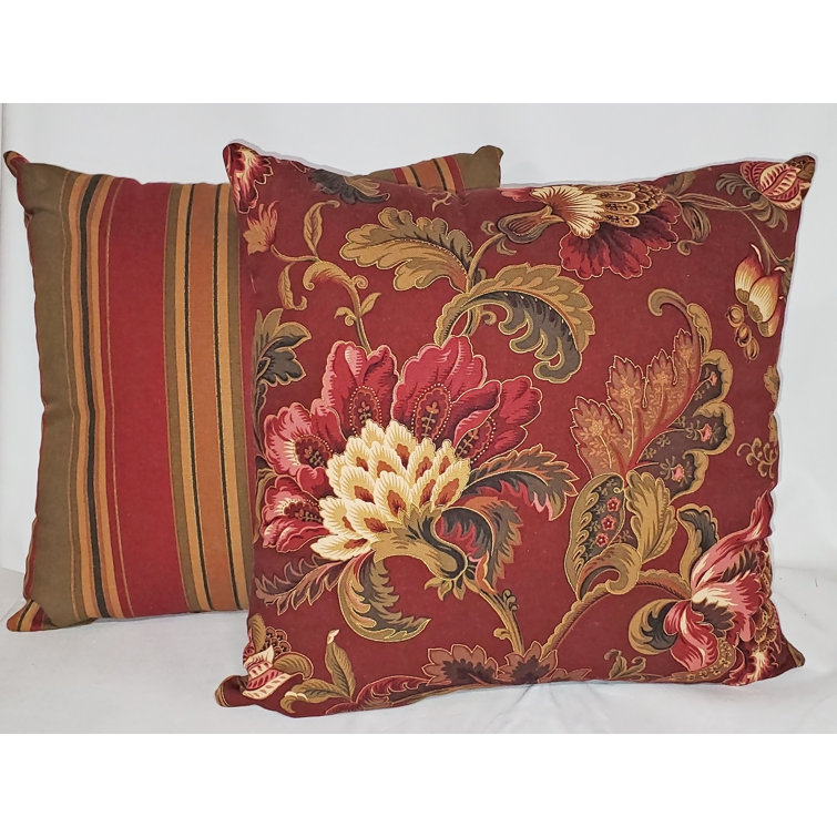 Noblesse Ruby and Eggshell Reversible Floral and Stripe Pillow Set
