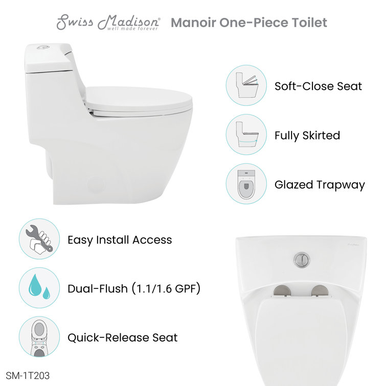 Manoir Glossy White Ceramic Dual-Flush Elongated One-Piece Toilet