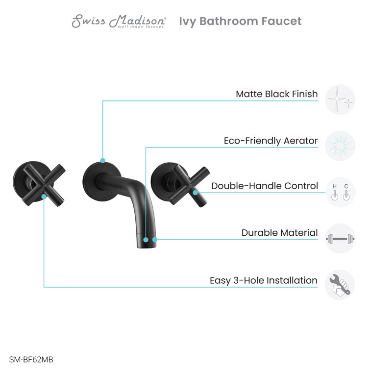 Ivy Matte Black Brass Wall-Mount Double Handle Bathroom Faucet