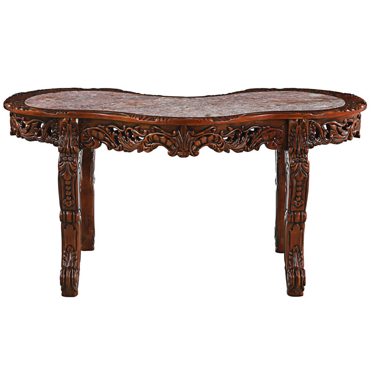 Hand-Carved Brown Wood Executive Desk with Marble Top
