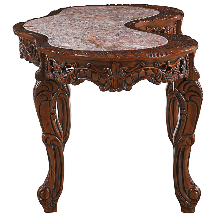 Hand-Carved Brown Wood Executive Desk with Marble Top