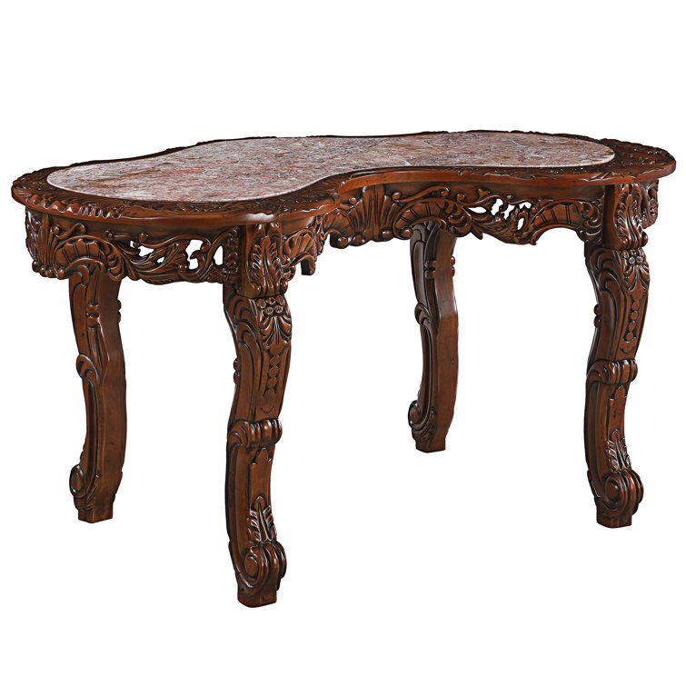 Hand-Carved Brown Wood Executive Desk with Marble Top
