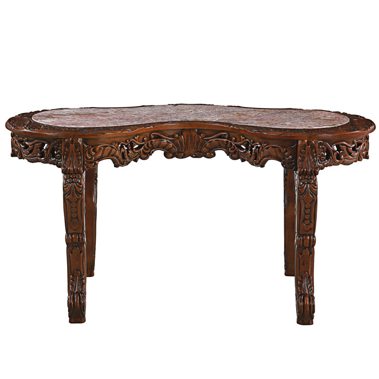 Hand-Carved Brown Wood Executive Desk with Marble Top