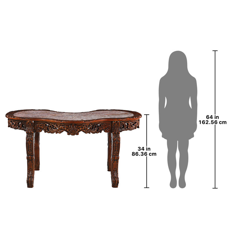 Hand-Carved Brown Wood Executive Desk with Marble Top