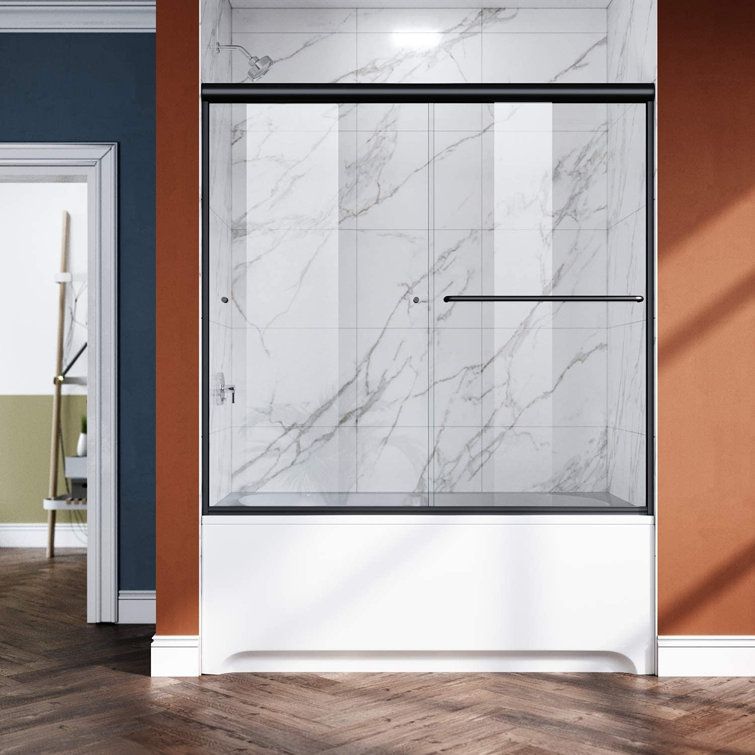 Elegant Matte Black Semi-Frameless Sliding Shower Door with Clear Glass Panels