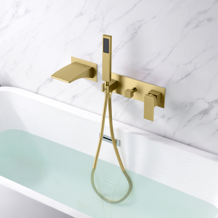 Brushed Gold Wall Mount Waterfall Tub Faucet with Hand Shower
