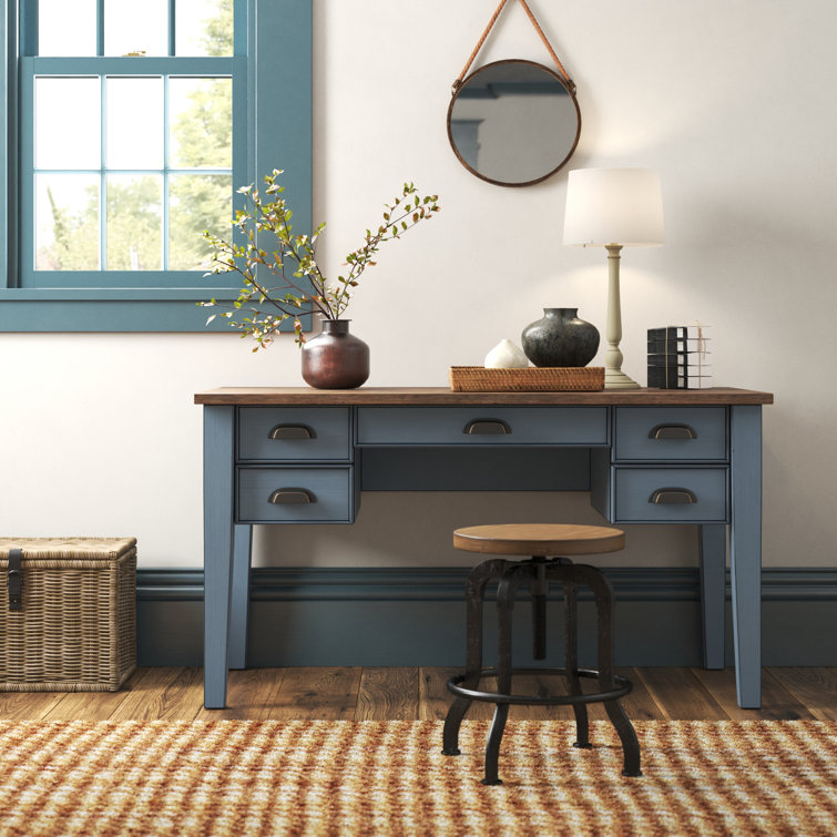 Transitional Blue-Brown Wood Executive Desk with Power Outlet and Drawers
