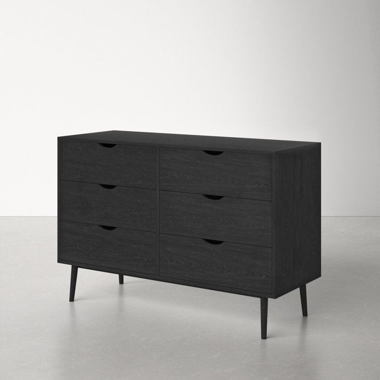 Indra Black Mid-century Modern Double Dresser with Six Drawers