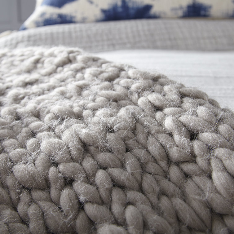 Gray Wool Cable Knit Reversible Throw Blanket