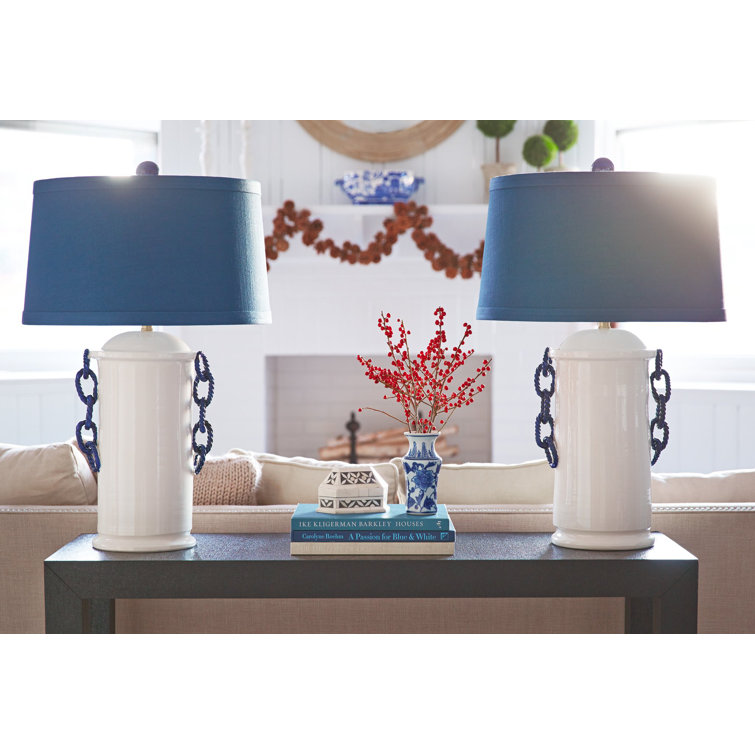 Navy Blue and White Ceramic Table Lamp with Drum Shade