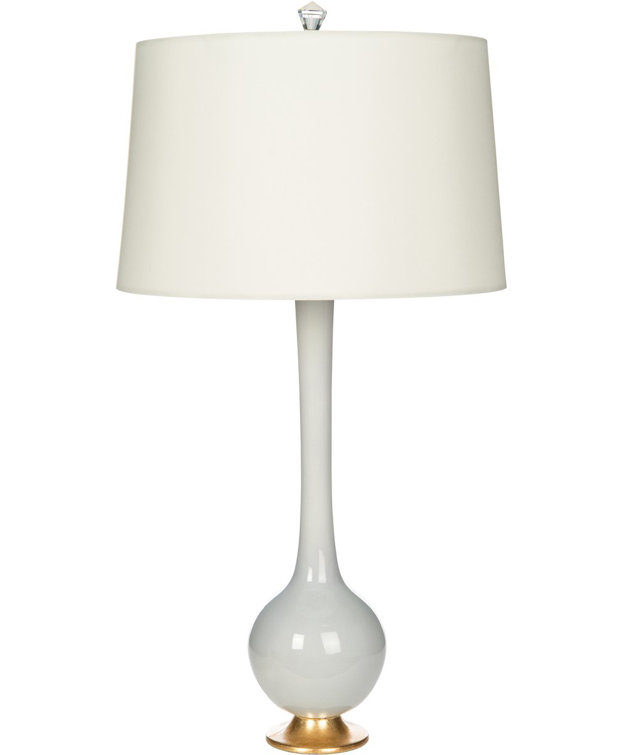 Gray Ceramic Long-Neck Table Lamp with Beige Drum Shade