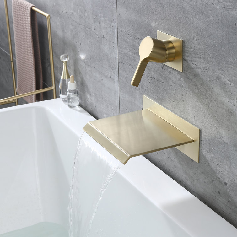 Brushed Gold Brass Waterfall Wall Mount Tub Faucet