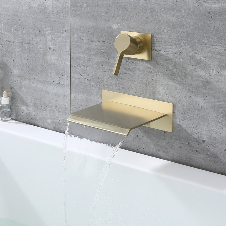 Brushed Gold Brass Waterfall Wall Mount Tub Faucet