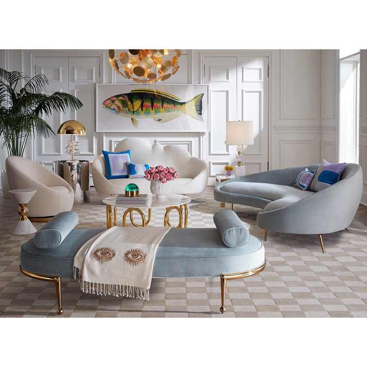 Bergamo Azure Velvet Ether Curved Sofa with Polished Brass Legs