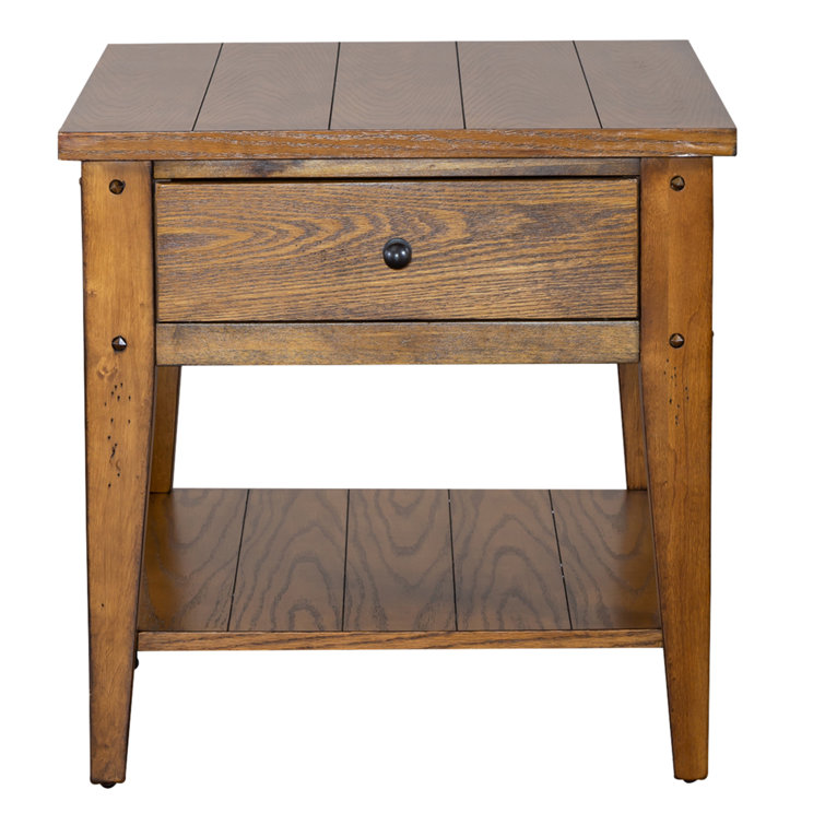 Rustic Brown Oak Rectangular End Table with Storage