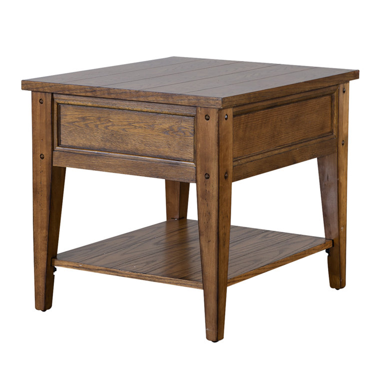 Rustic Brown Oak Rectangular End Table with Storage