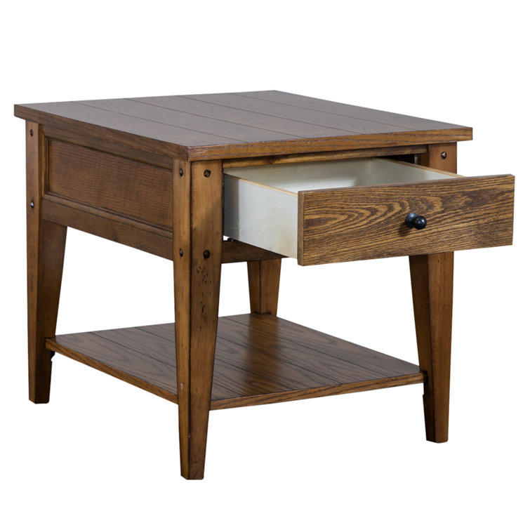 Rustic Brown Oak Rectangular End Table with Storage