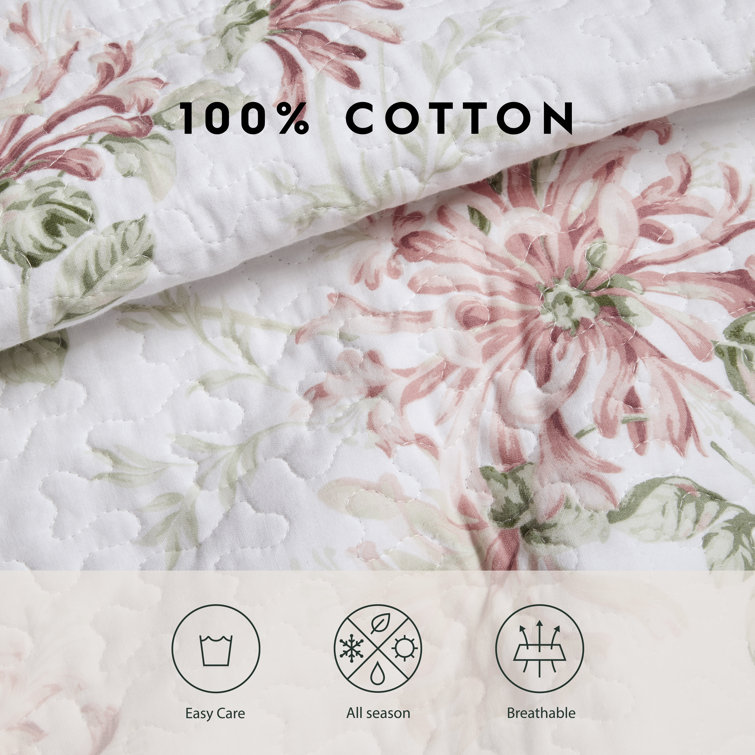 Blush Cotton Reversible Full Quilt Set with Floral Pattern