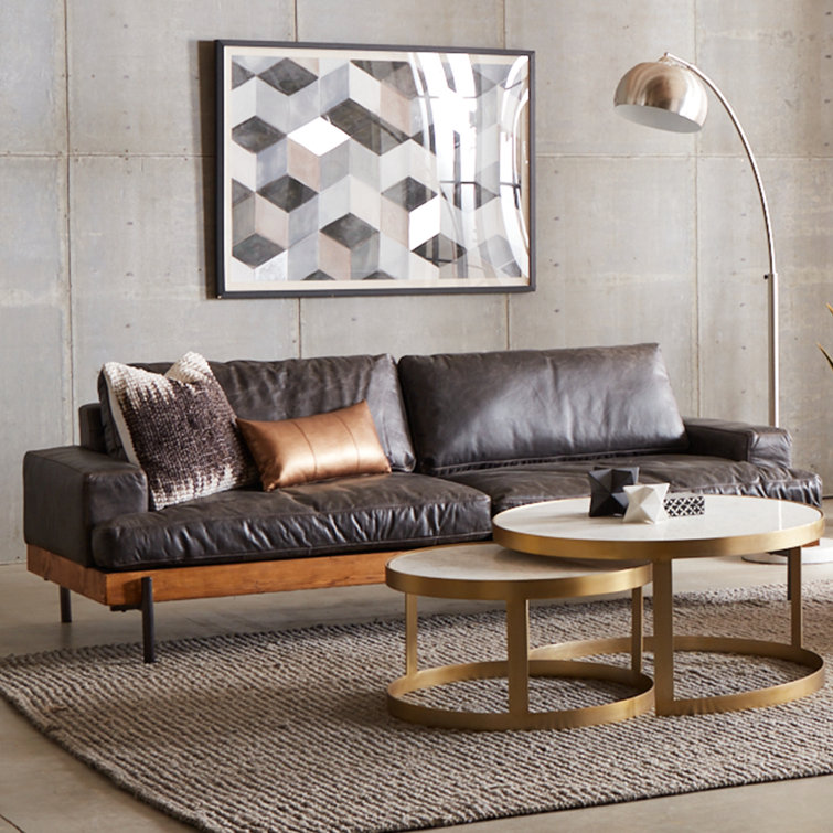 Portofino Distressed Antique Ebony Leather Oak Wood Sofa