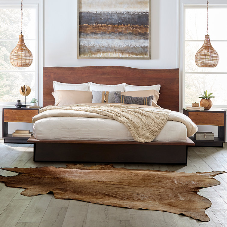 Acacia Wood Queen Bed with Live Edge Headboard in Raw Walnut Finish
