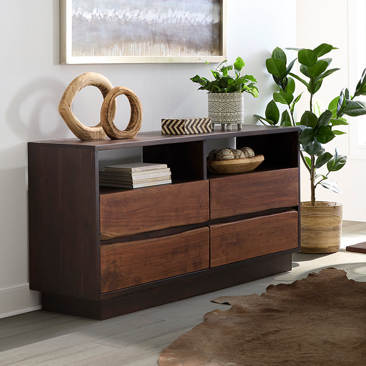 Mid-Century Raw Walnut & Ebony Double Dresser with Live Edge Drawers