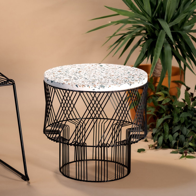 Sleek Black Iron Base Terrazzo Round End Table