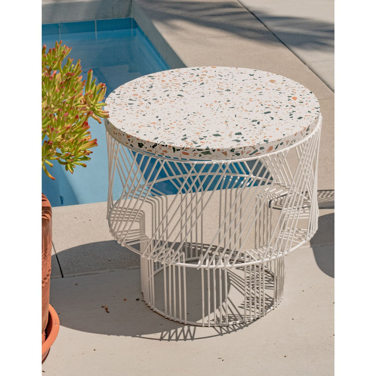 Sleek White Terrazzo Round End Table for Indoor/Outdoor