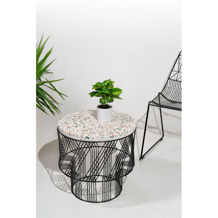 Sleek Black Iron Base Terrazzo Round End Table