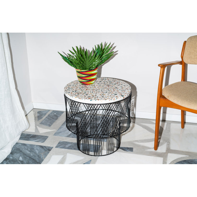 Sleek Black Iron Base Terrazzo Round End Table
