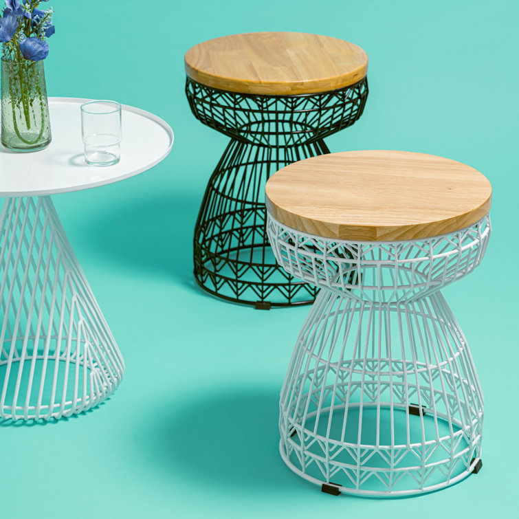 Compact White Oak & Iron Hourglass Accent Stool