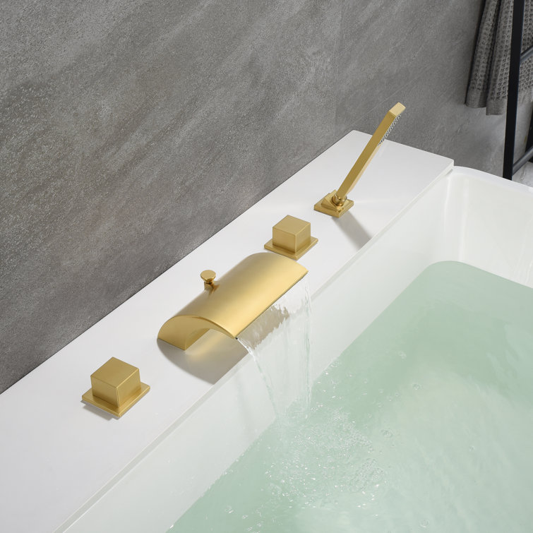 Brushed Gold Waterfall Roman Tub Faucet with Hand Shower